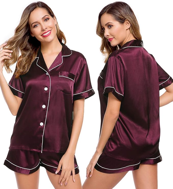 LecGee Womens Silk Satin Pajamas Short Sleeve Loungewear Two-Piece Sleepwear Button-Down Pj Set