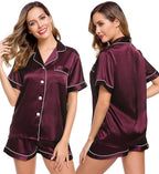 LecGee Womens Silk Satin Pajamas Short Sleeve Loungewear Two-Piece Sleepwear Button-Down Pj Set