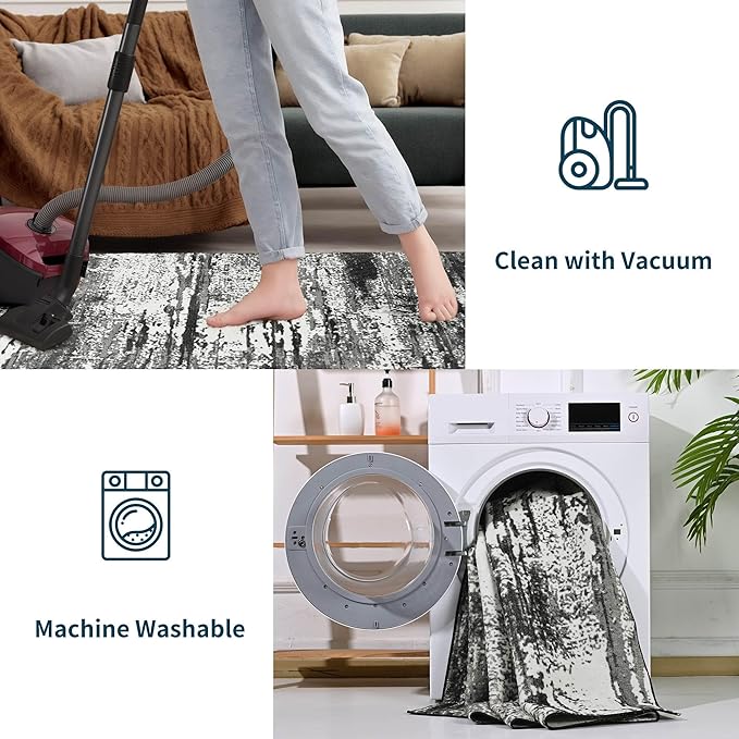 Entryway Rug Indoor Door Mat 2x3 Washable Abstract Small Area Rug Non-Slip Ultra Soft Faux Wool Boho Rug Throw Carpets for Kitchen Floor, Entryway Indoor, Bedroom Bedside, Living Room (Black and Grey)