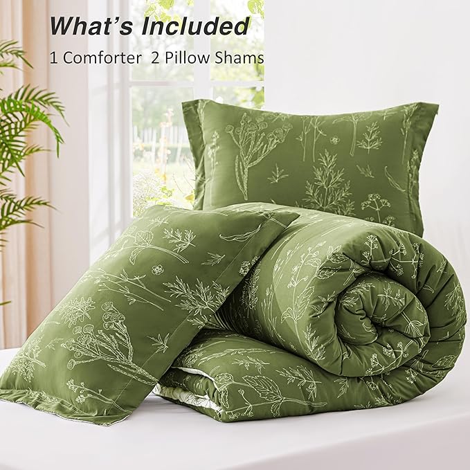 Love's cabin Olive Green Full Comforter Set - Full Size Comforter Set, 3 Pieces Cute Floral Bedding Sets for All Seasons,1 Soft Reversible Botanical Flowers Comforter and 2 Pillow Shams