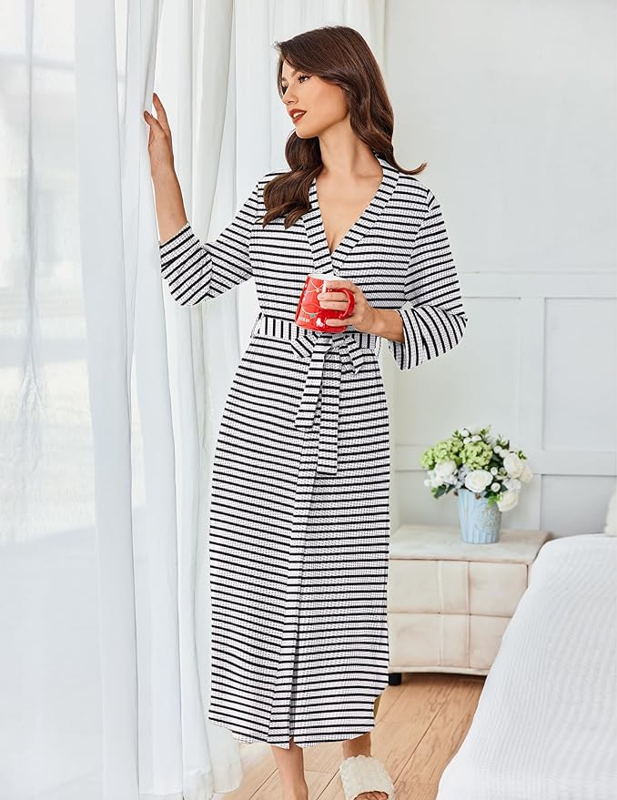 Ekouaer Women's Robe Long Waffle Knit Bathrobe Lightweight Soft Kimono Robes Loungewear S-XXL