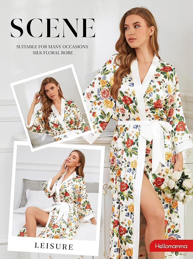 Hellomamma Womens Satin Silk Robe: Lightweight 3/4 Sleeve Comfy Floral Print Kimono Sleepwear for Bride Wedding Party Gift