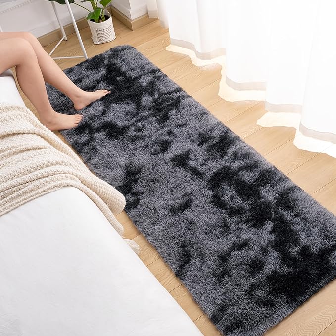 Softlife Area Rug for Bedroom, Fluffy Shag Plush Tie Dyed Rainbow Black for Living Room Girls, Shaggy Throw Carpet for Kids Soft Fuzzy Runner Small 2x6 Runners for Hallways Dorm