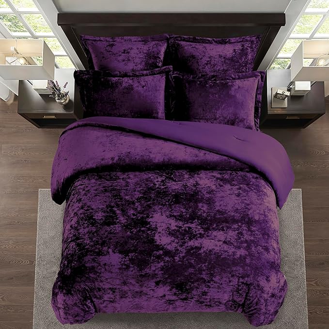 Fredsure Distressed Velvet Comforter Set, 5 Pieces Dark Purple Queen, Distressed Velvet Face and Brushed Microfiber Reverse