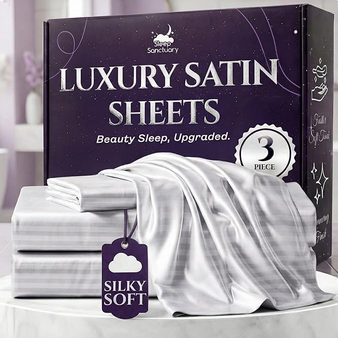 SLEEP SANCTUARY Satin Sheets Twin Size – 3 Piece Luxury Silky Bed Set, Softer Than Silk, 15" Deep Pocket, Cooling & Wrinkle-Free, Moisture-Wicking & Breathable for Hair & Skin (Striped White)