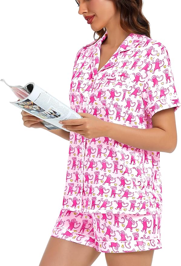 LecGee Womens Silk Satin Pajamas Short Sleeve Loungewear Two-Piece Sleepwear Button-Down Pj Set