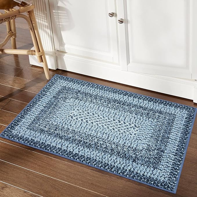 RUGSREAL 2x3 Entryway Rug Small Bedroom Area Rug Braided Printed Mat for Living Room Farmhouse Kitchen Mat Indoor Non Slip Rustic Throw Carpet Machine Washable Rug for Sink Under Table, Blue