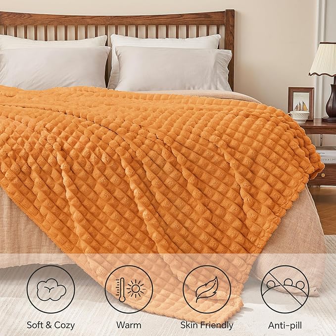 BEDELITE Updated Burnt Orange Throw Blanket for Couch and Bed- Super Soft and Warm 3D Checkered Fluffy Fuzzy Fleece Blanket, Luxurious Plush Cozy Blanket for Room Decor Spring, 50x60 inches