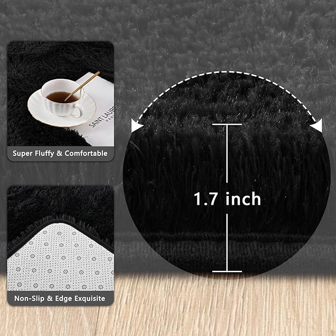 Black Runner Area Rugs for Bedroom Living Room, 2x6 Feet Fluffy Bedside Rugs, Soft Shaggy Carpet Rug for Kids Room Nursery, Furry Cute Rugs for Girls Boys Dorm Room Home Decor