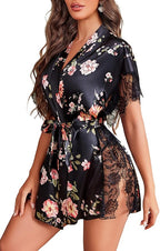 Avidlove Women Lingerie Robe Satin Sleepwear Eyelash Lace Kimono Side Split Sexy Silk Robes