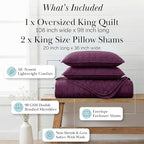 Southshore Fine Living, Inc. Oversized Quilts for King Bed, Lightweight Quilt Bedding Set, Soft Coverlet, 3-Piece Bedspread Set with Two Matching Quilted Pillow Shams, King/California Size, Purple