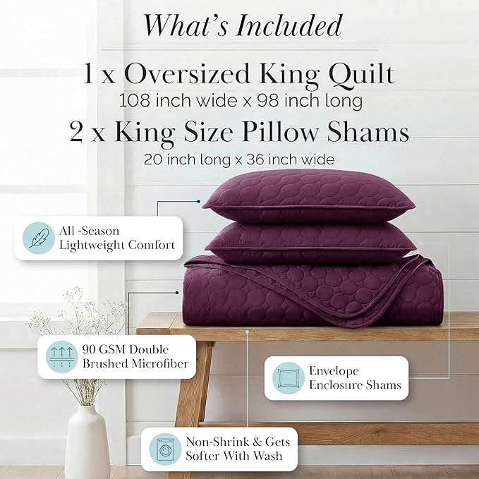 Southshore Fine Living, Inc. Oversized Quilts for King Bed, Lightweight Quilt Bedding Set, Soft Coverlet, 3-Piece Bedspread Set with Two Matching Quilted Pillow Shams, King/California Size, Purple