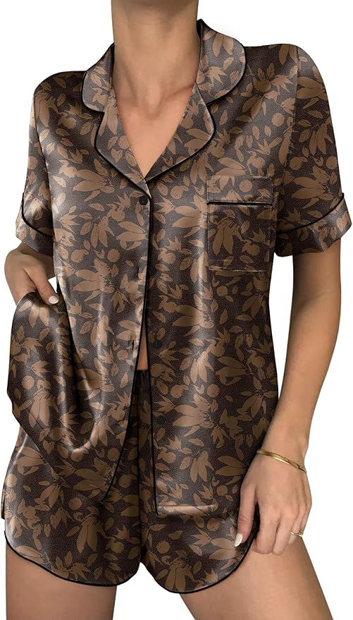 Ekouaer Womens Silk Satin Pajama Sets 2 Piece Button Down Silk Pjs Shorts Sets Cute Print Short Sleeve Sleepwear S-4XL