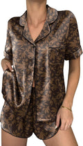 Ekouaer Womens Silk Satin Pajama Sets 2 Piece Button Down Silk Pjs Shorts Sets Cute Print Short Sleeve Sleepwear S-4XL