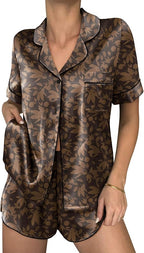 Ekouaer Womens Silk Satin Pajama Sets 2 Piece Button Down Silk Pjs Shorts Sets Cute Print Short Sleeve Sleepwear S-4XL