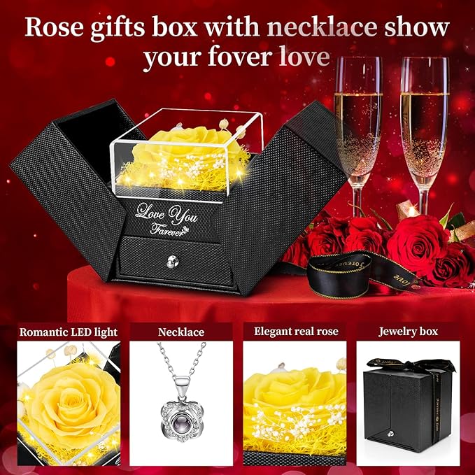Lebana Preserved Real Rose with Heart I Love You Necklace -Eternal Flowers Rose Birthday Gifts for Her Mom Wife Girlfriend Grandma on Valentines Mothers Day Christmas Anniversary Romantic (Yellow)