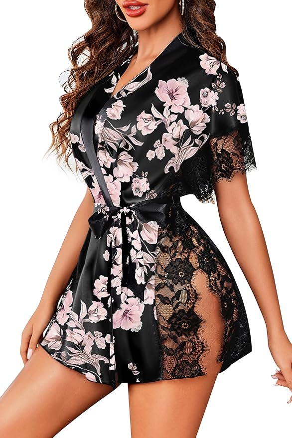 Avidlove Women Lingerie Robe Satin Sleepwear Eyelash Lace Kimono Side Split Sexy Silk Robes