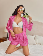 Ekouaer Satin Pajama Set for Women Button Down Pj Set Long Sleeve Top and Shorts 2 Piece Loungewear Summer Soft Sleepwear