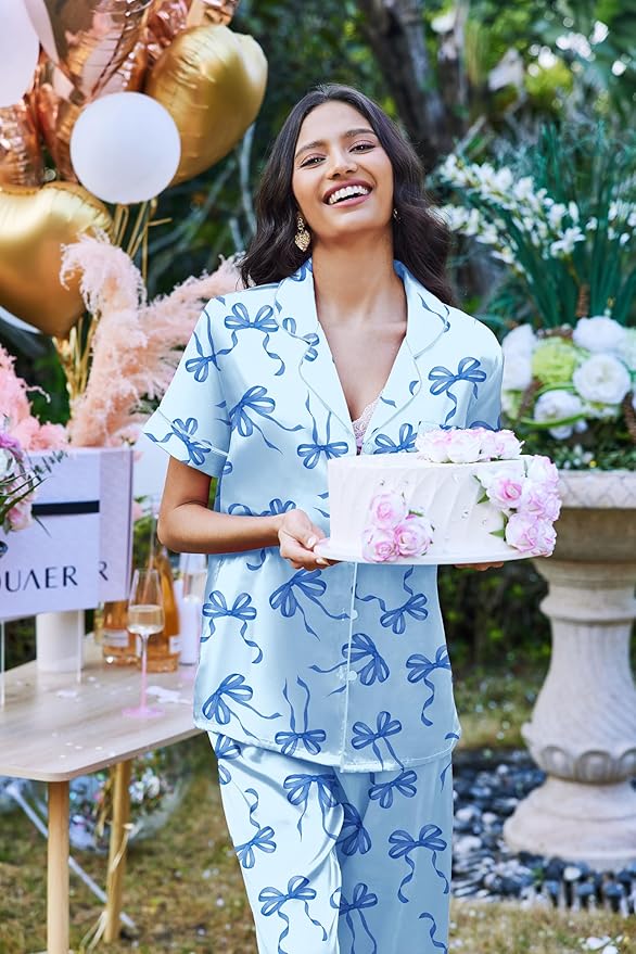 Ekouaer Silk Satin Pajamas Set Women Short Sleeve Sleepwear Soft Button Down Loungewear Pjs Set