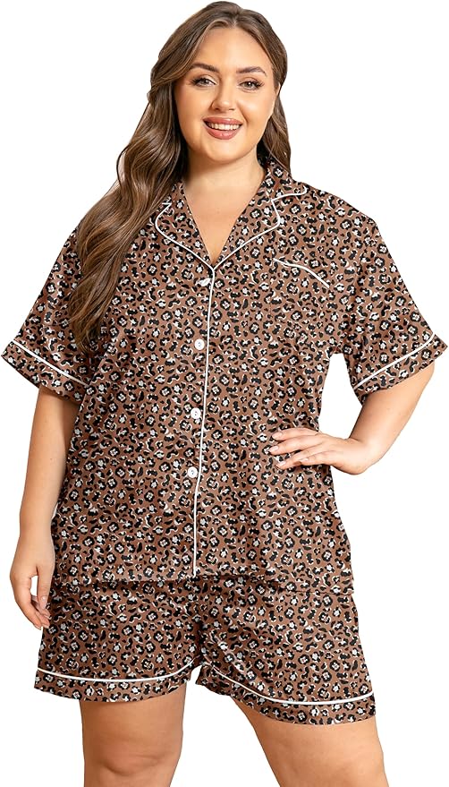 Vozanet Women's Short Sleeve Satin Pajama Sets Silky Ladies Button Down Loungewear Plus Size Nighty Shorts Sets XL to 5XL