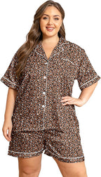 Vozanet Women's Short Sleeve Satin Pajama Sets Silky Ladies Button Down Loungewear Plus Size Nighty Shorts Sets XL to 5XL