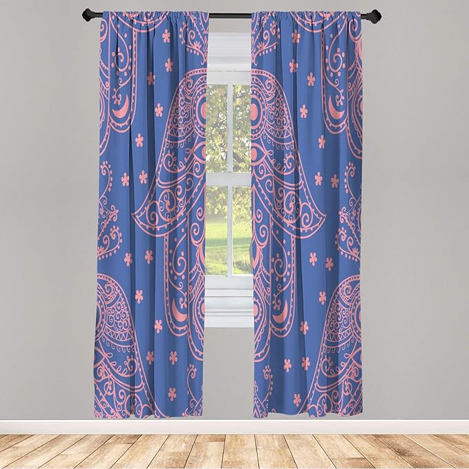 Lunarable Hamsa Window Curtains, Egyptian Boho Hand Shape Pattern Eye Design Bridal Night Inspired Art, Lightweight Decorative 2-Panel Set & Rod Pocket, Pair of - 28" x 63", Lavender Peach and White