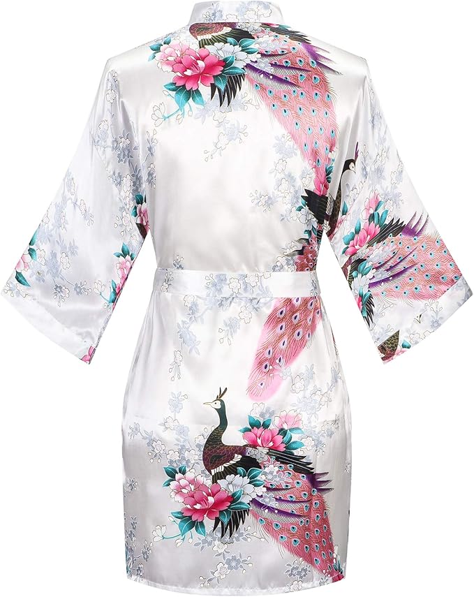 Women's Short Kimono Robes Bride and Bridesmaid Satin Floral Bathrobe Peacock Sleepwear Dressing Gown for Wedding Party