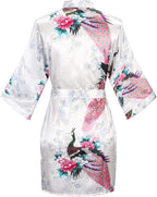 Women's Short Kimono Robes Bride and Bridesmaid Satin Floral Bathrobe Peacock Sleepwear Dressing Gown for Wedding Party