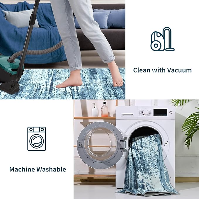 Runner Rug 2x6 Washable Rug Runners for Hallways Kitchen Non-Slip Rugs Abstract Print Soft Faux Wool Carpet Runner for Entryway Indoor, Bedroom Bedside, Laundry, Dorm, Home Decor (Blue)