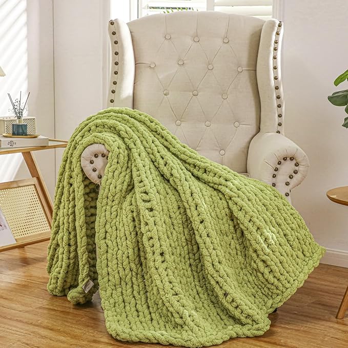 WESHIONGOO Chunky Knit Blanket Throw 51"×63" Knitted Throw Blankets for Couch Bed Fluffy Soft Blanket with Jumbo Chenille Yarn Thick 100% Handmade (Lime Green)