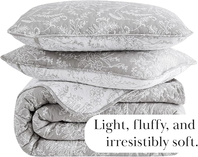 Southshore Fine Living, Inc. Floral Quilt King Size, All Season Bedding Set, Soft Coverlet, 3-Piece Lightweight Bedspread Set with Two Matching Quilted Pillow Shams, California/King Quilt Sets, Grey