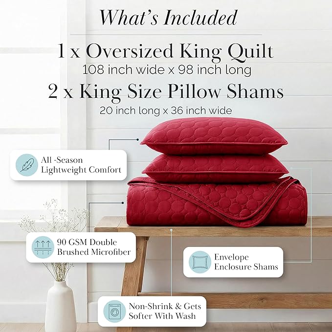 Southshore Fine Living, Inc. Lightweight Quilt, Oversized Quilts for King Bed, Soft Coverlet, 3-Piece Bedspread Set with Two Matching Quilted Pillow Shams, California/King Quilt Sets, Chili Pepper