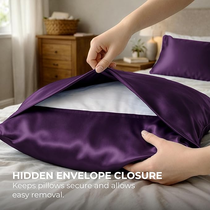 Pure Bedding Satin Pillowcase 2 Pack - King Size (20"x40", Purple) - Silky Pillow Cases for Hair and Skin - Satin Pillow Covers with Envelope Closure - Extra Soft Premium Microfiber