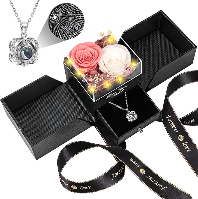 2 Preserved Real Rose with Heart I Love You Necklace- Eternal Rose Birthday Gifts for Women Wife Girlfriend Her Mom on Festivals Gifts Christmas Valentines Mothers Day Anniversary-Peach Pink White