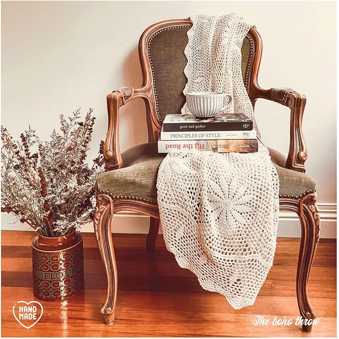 Zenviro Boho Throw Blanket, 50"x60", 100% Handmade Crochet Throw Blankets,100% Cotton Beige Throw, Decorative, Vintage Lace Blanket, Boho Decor, Photo Prop, Lightweight Knit
