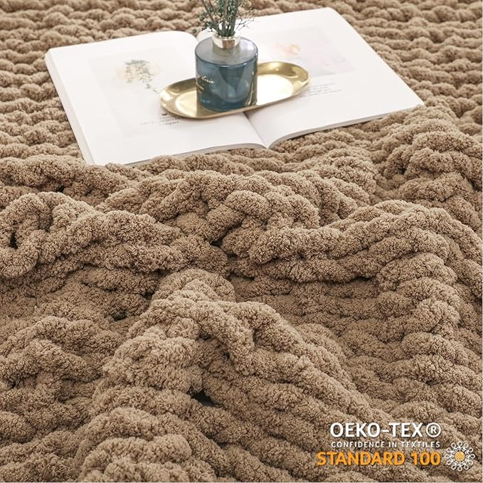 WESHIONGOO Chunky Knit Blanket Throw 51"×63" Knitted Throw Blankets for Couch Bed Fluffy Soft Blanket with Jumbo Chenille Yarn Thick 100% Handmade (Brown)