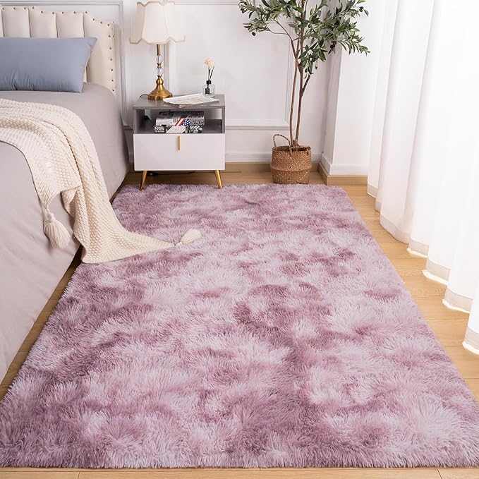 Softlife Area Rug for Living Room, 5x8 Feet Plush Fluffy Rug for Bedroom, Tie-Dyed Pink Purple Shag Rug for Aesthetic Christmas Room Decor, Soft Modern Fuzzy Faux Fur Carpet for Kids Nursery Room Dorm