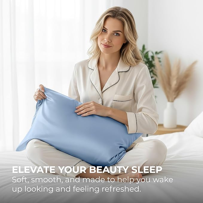Pure Bedding Satin Pillowcase 2 Pack - Queen Size (20"x30", Baby Blue) - Silky Pillow Cases for Hair and Skin - Satin Pillow Covers with Envelope Closure - Extra Soft Premium Microfiber