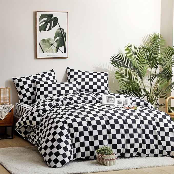 CLOTHKNOW Black White Plaid Full Size Comforter Set 3Pcs Grid Bedding Comforter Sets Soft Checkered Comforter with 2 x Pillow Cases