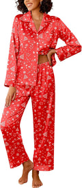 Ekouaer Womens Silk Satin Pajama Sets 2 Piece Sleepwear Pjs Set Long Sleeve Button Down Top and Pants Stripe Loungewear S-XXL