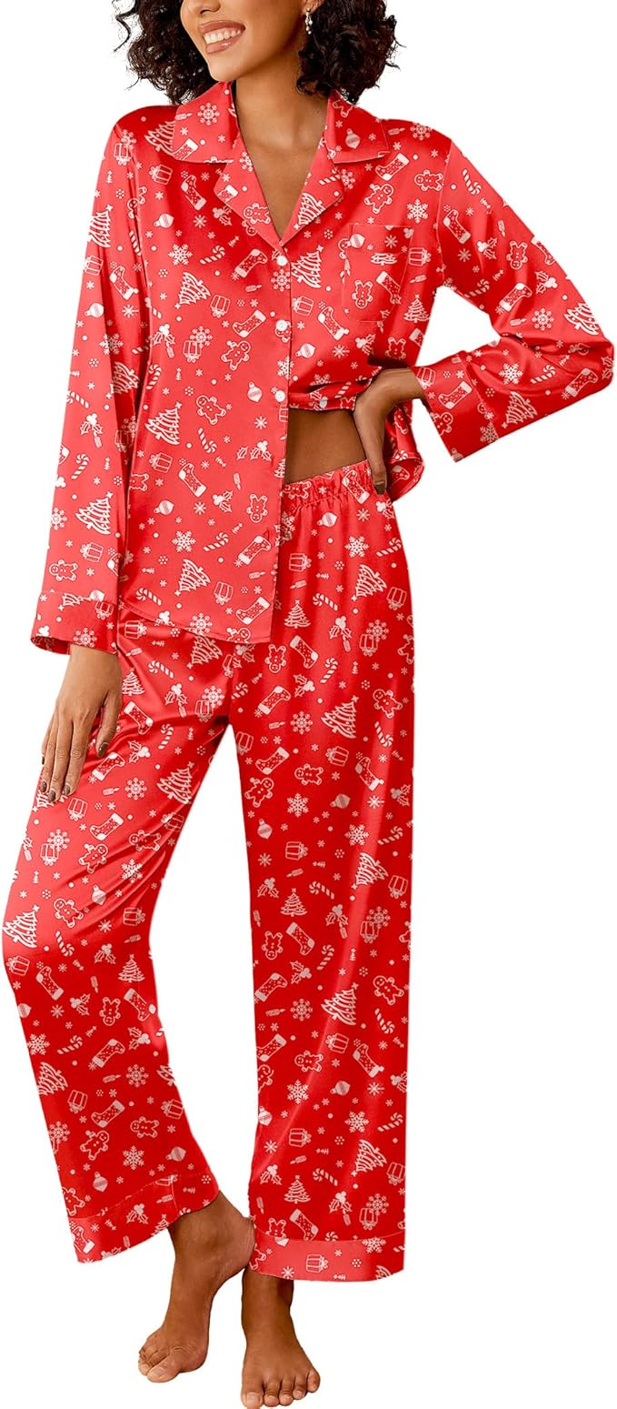 Ekouaer Womens Silk Satin Pajama Sets 2 Piece Sleepwear Pjs Set Long Sleeve Button Down Top and Pants Stripe Loungewear S-XXL