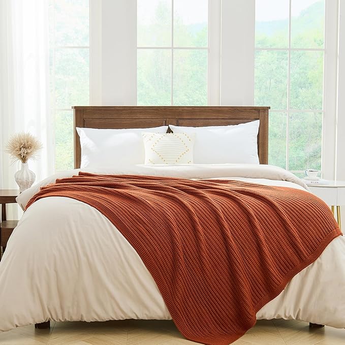 Chunky Knit Rust Orange Throw Blanket 60"x80" Soft Cozy Knitted Blanket for Couch Sofa Bed, Cute Decorative Spring Throw for Living Room