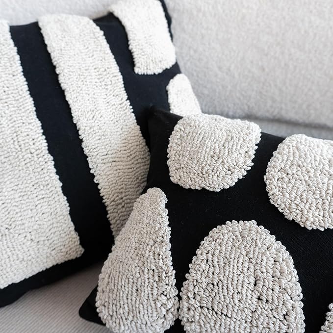 Black White Boho Chunky Tufted Pillow Cover, Neutral Decorative Oblong Throw Pillow Case, Geometric Woven Modern Sham for Bed Couch Living Room, 12x20 inches, 1PCS