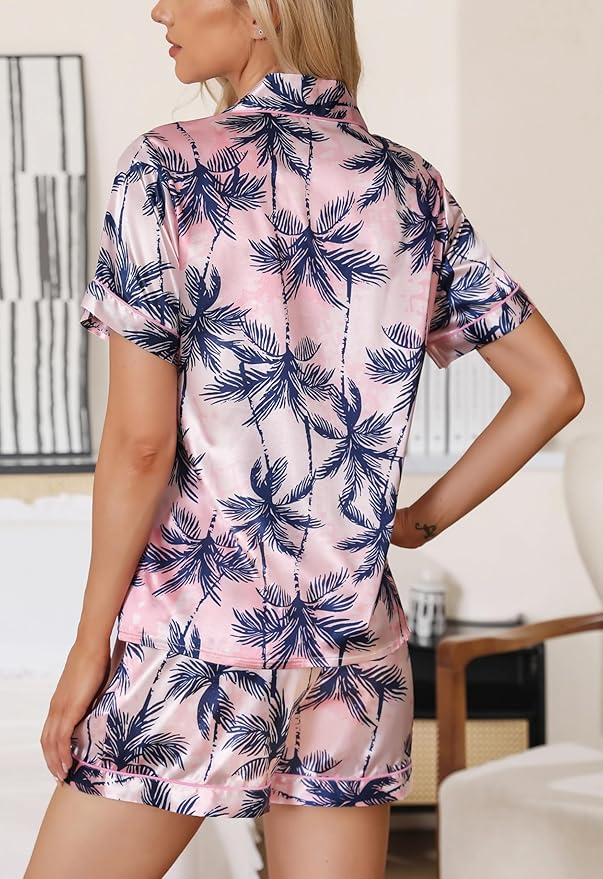 Samring Women's Silk Satin Pajamas Set Short Sleeve Sleepwear Two Piece Button Down Pj Set with Pockets S-XXL