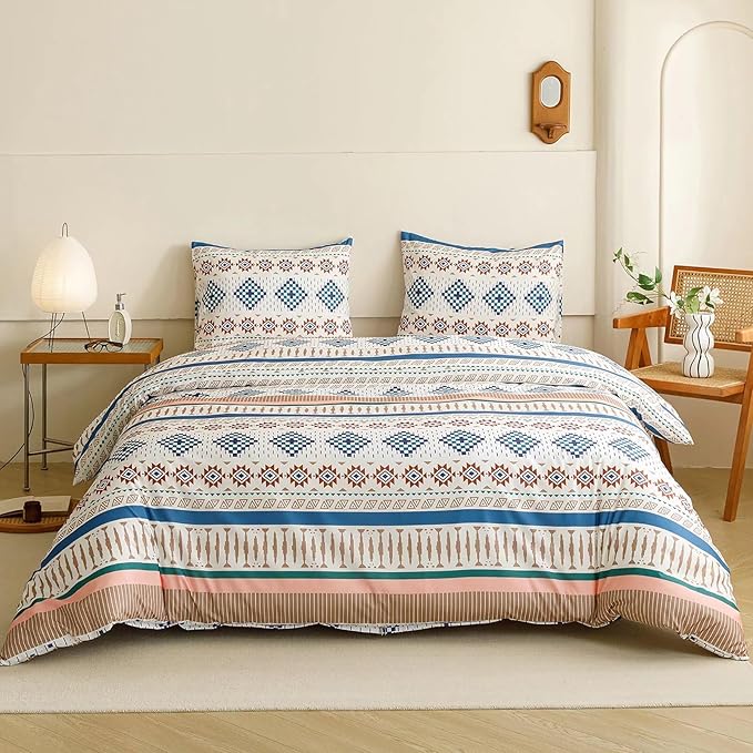 Luxlovery Aztec Comforter Set King Beige Blue Bohemian Bedding Set King Southwestern Exotic Ethnic Rustic Native American Navajo Bedding Set Folkloric Comforter Set Women Men