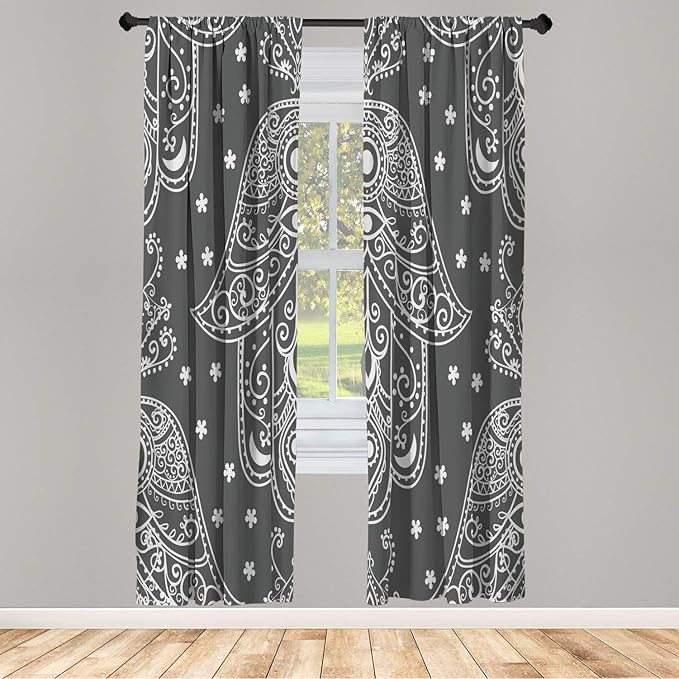 Lunarable Hamsa Window Curtains, Egyptian Boho Hand Shape Pattern Eye Design Bridal Night Inspired Art, Lightweight Decorative 2-Panel Set & Rod Pocket, Pair of - 28" x 63", Taupe Grey