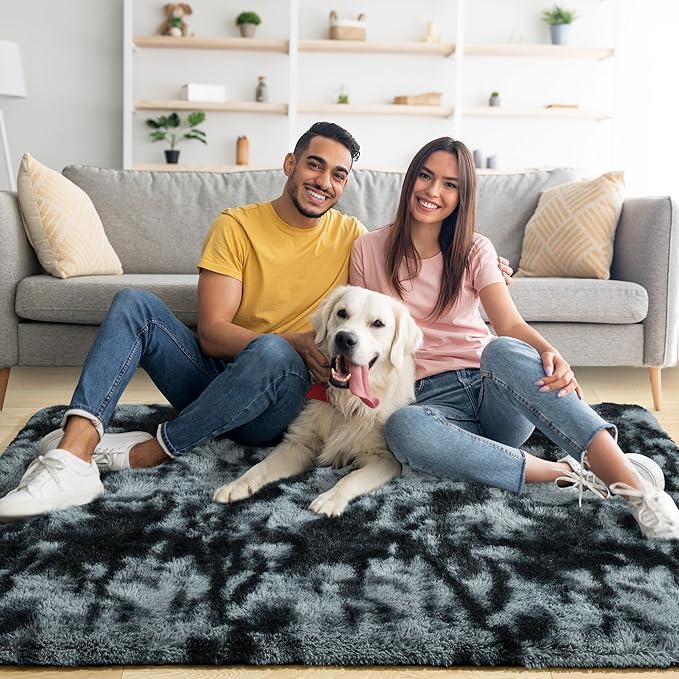 Noahas Large Fluffy 5x8 Area Rugs for Living Room Bedroom,Tie-Dyed Black and Grey Thick Shag Throw Rug,Big Soft Shaggy Bedside Non-Slip Plush Dorm Nursery Kids Carpet