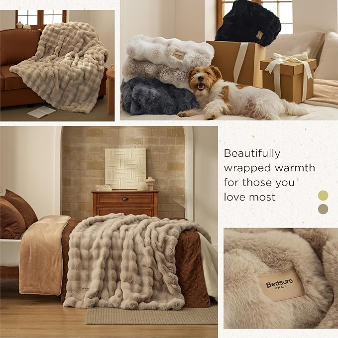 Bedsure GentleSoft Fluffy Fuzzy Beige Throw Blanket for Bed, Soft Cozy Fleece Faux Fur Blanket for Couch, Beige Room Decor Minky Velvet Bedding Sofa Cover, Thick Warm Plush Women Girls Birthday Gifts