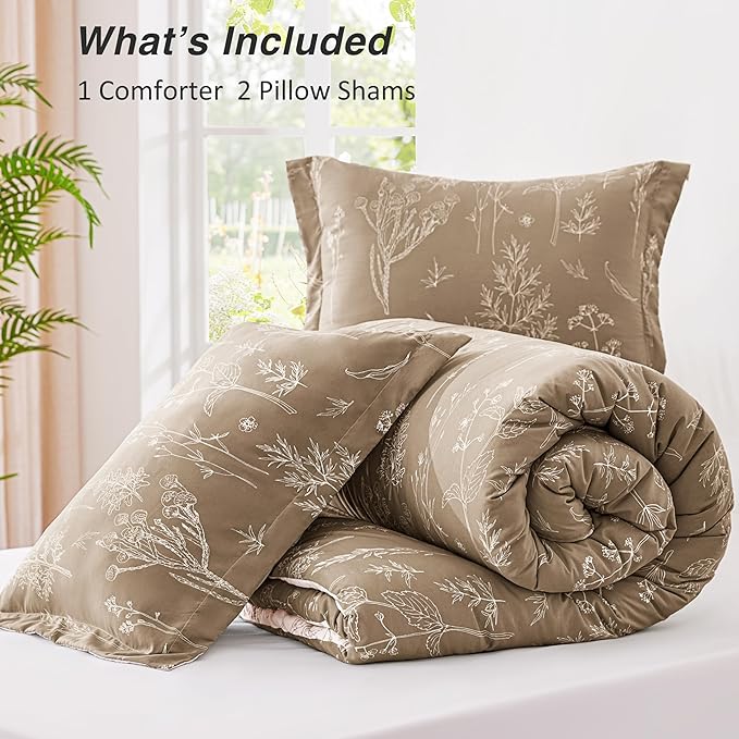 Love's cabin Light Taupe Comforter Set King - King Size Comforter Set, 3 Pieces Cute Floral Bedding Sets for All Seasons,1 Soft Reversible Botanical Flowers Comforter and 2 Pillow Shams
