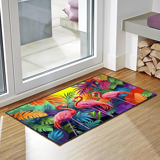Tropical Flamingos Area Rug 2x3 ft Entry Rug Washable Boho Rugs Non Slip Low Pile Floral Door Mat Small Carpet for Bedroom, Bedside, Kids Room, Office, Dining Room